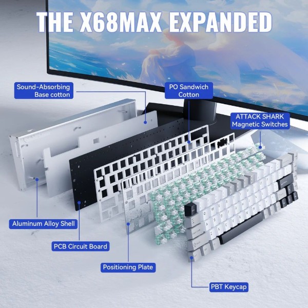 Фото - Клавіатура дротова ігрова Attack Shark X68 Max HE 68кл. RGB, USB-C, Starlight White (X68MAXSW_AS)