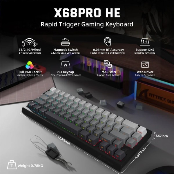 Фото - Клавіатура бездротова ігрова Attack Shark X68 Pro 66кл. RGB, Wireless, Moonlit Night (X68PROHEML_AS)