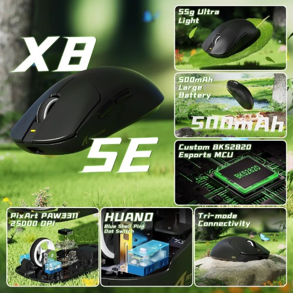 Фото - Мышь беспроводная игровая Attack Shark X8 SE, Wireless/Bluetooth, 25000dpi. (PAW3311), 6кн., Black (X8SEB_AS)