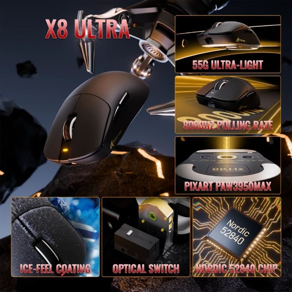 Фото - Мышь беспроводная игровая Attack Shark X8 ULTRA, Wireless/Bluetooth, 42000dpi. (PAW3950MAX), 6кн., Black (X8ULTRAB_AS)