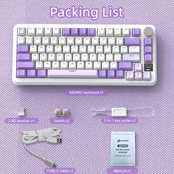 Фото - Клавиатура беспроводная игровая Attack Shark X85PRO 82кл. RGB, Wireless, Lavender (AS-6972792471105-L)