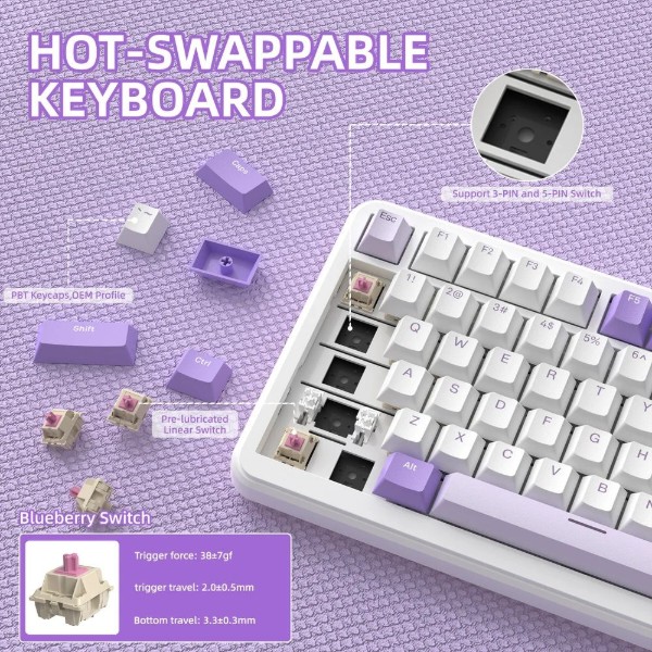 Фото - Клавиатура беспроводная игровая Attack Shark X85PRO 82кл. RGB, Wireless, Lavender (AS-6972792471105-L)