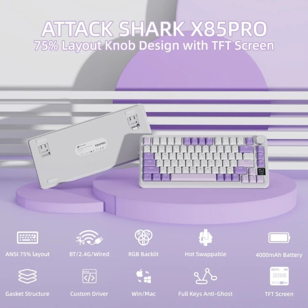 Фото - Клавиатура беспроводная игровая Attack Shark X85PRO 82кл. RGB, Wireless, Lavender (AS-6972792471105-L)