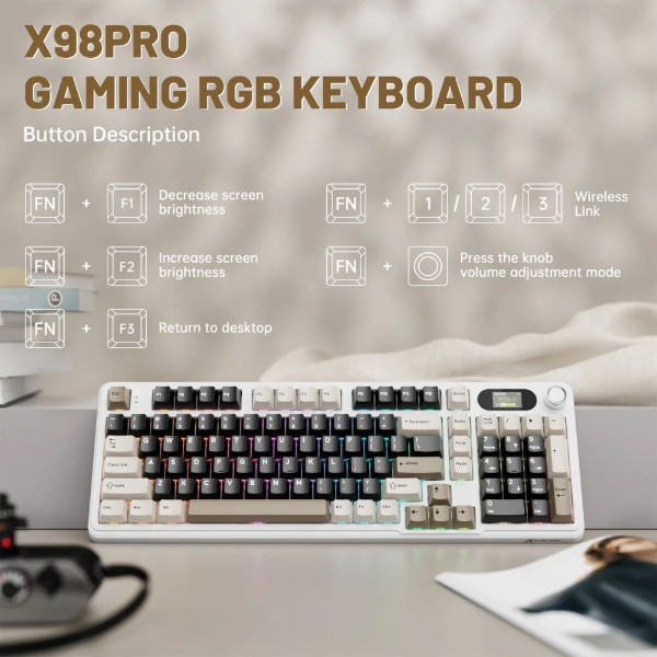 Фото - Клавиатура беспроводная игровая Attack Shark X98 Pro 99кл. RGB, Wireless, TFT disp., Cheese white (AS-6972792470559-CW-UA)