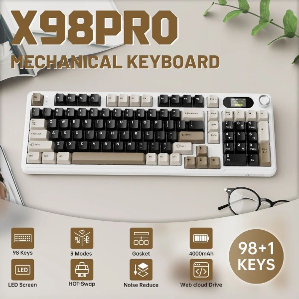 Фото - Клавиатура беспроводная игровая Attack Shark X98 Pro 99кл. RGB, Wireless, TFT disp., Cheese white (AS-6972792470559-CW-UA)