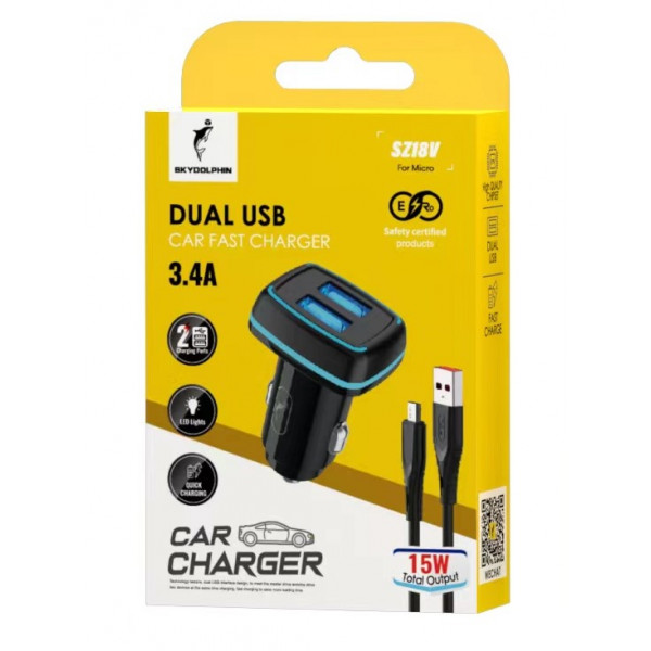 Фото - Автомобільний зарядний пристрій SkyDolphin SZ18V (2USB, 3.4A) Black + кабель microUSB (AZP-000101)