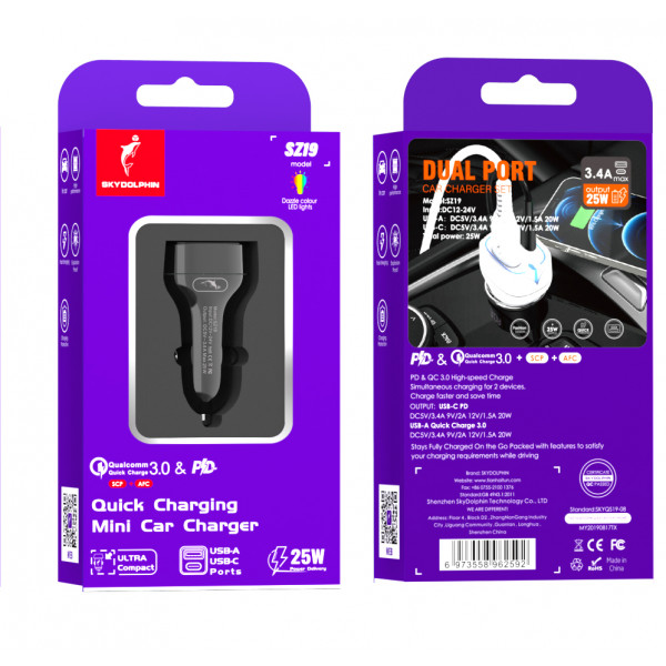 Фото - Автомобільний зарядний пристрій SkyDolphin SZ19 PD 20W + QC3.0 20W Black (AZP-000102)