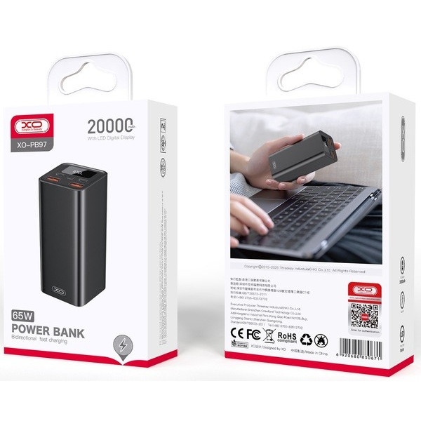 Фото - Батарея мобільна XO 20000 mAh PD65W Black (PB97_Black)