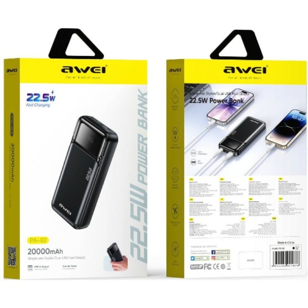 Фото - Батарея мобильная Awei PA-92 20000mAh 22,5W PD 2xUSB-C Black (6954284028523)