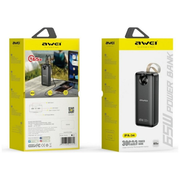 Фото - Батарея мобильная Awei PA-34 30000mAh 65W Fast charging Black (6954284025324)