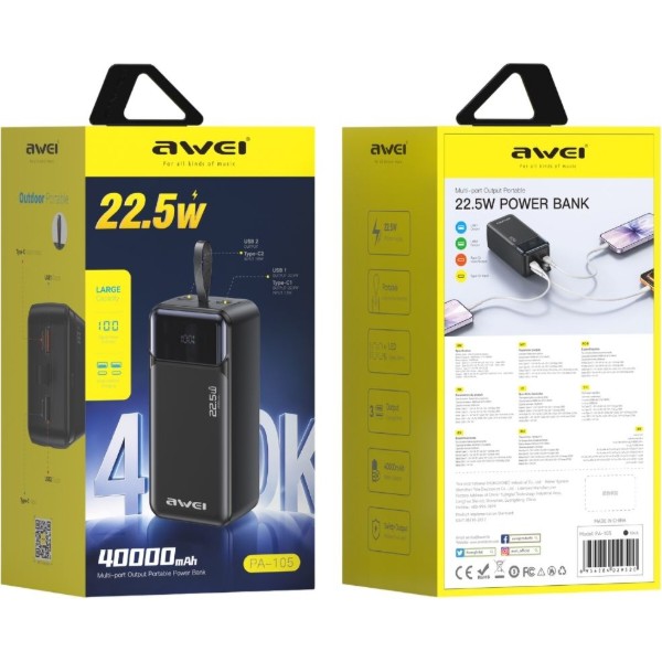 Фото - Батарея мобильная Awei PA-105 40000mAh 22,5W PD 3xUSB-C Black (6954284029520)