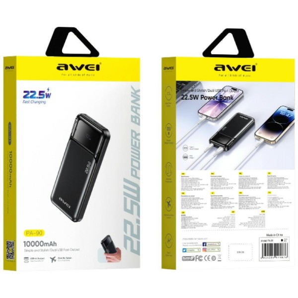 Фото - Батарея мобильная Awei PA-90 10000mAh 22,5W PD 2xUSB-C Black (6954284028493)