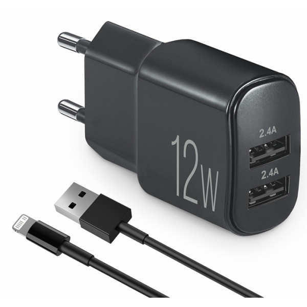 Фото - Мережевий зарядний пристрій Brevia ePower 12W 2xUSB-A + Cable USB-A to Lightning 1m (45012DULB)