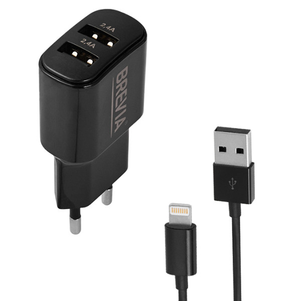 Фото - Мережевий зарядний пристрій Brevia ePower 12W 2xUSB-A + Cable USB-A to Lightning 1m (45012DULB)
