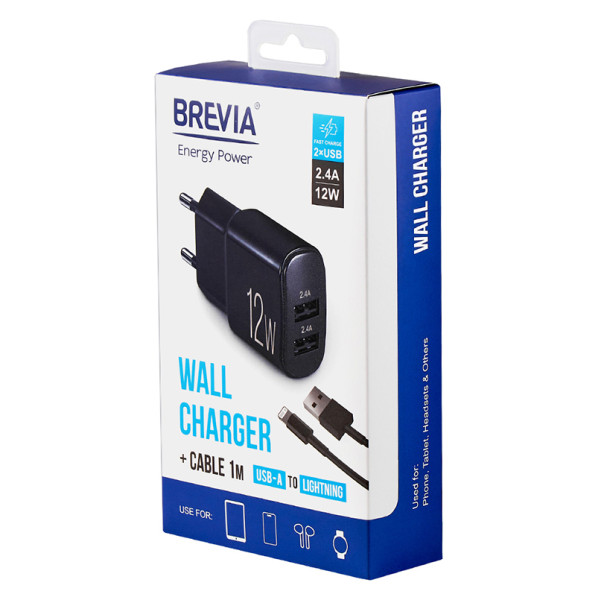 Фото - Мережевий зарядний пристрій Brevia ePower 12W 2xUSB-A + Cable USB-A to Lightning 1m (45012DULB)