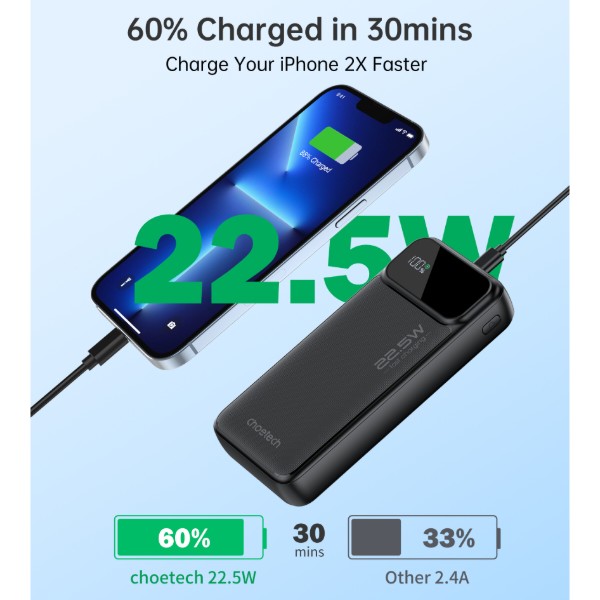 Фото - Батарея мобильная Choetech B729 20000mAh PD 22.5W Black (B729-BK)