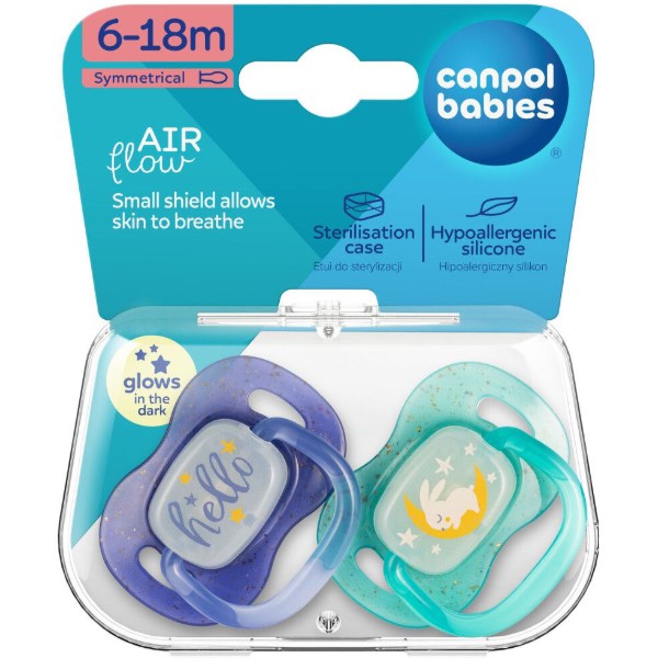Фото - Симметричная пустышка Canpol babies 6-18 мес NightGlow 2 шт. - синяя (34/943_blu)