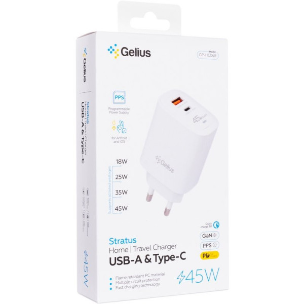 Фото - Мережевий зарядний пристрій Gelius Stratus GP-HC068 45W (1Type-C + 1USB-A) +One Type-C to Type-C White (00000102183)