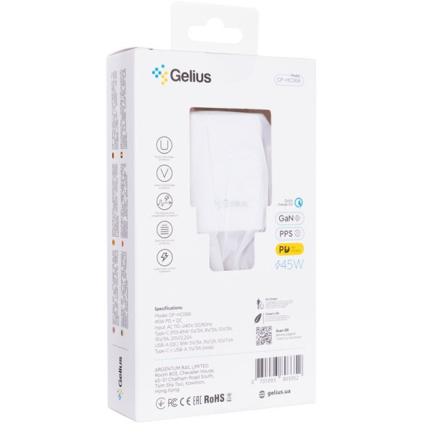 Фото - Мережевий зарядний пристрій Gelius Stratus GP-HC068 45W (1Type-C + 1USB-A) +One Type-C to Type-C White (00000102183)
