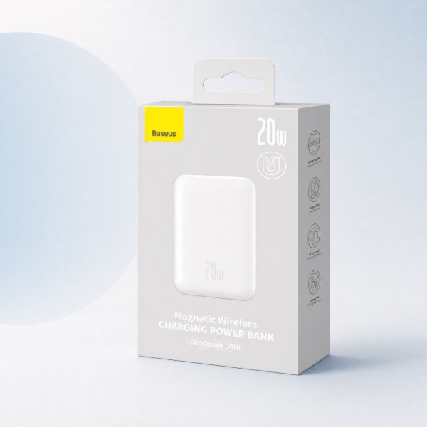 Фото - Батарея мобильная Baseus Airpow Magnetic 20W (6000 mAh) с беспроводной зарядкой White (716298)