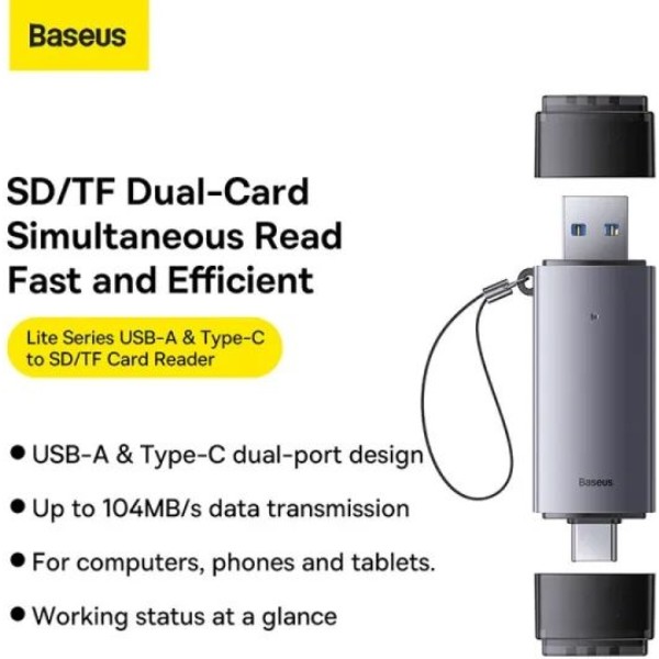 Фото - Кардридер Baseus Lite Series USB-A & Type-C  to SD/TF Card Reader Grey (WKQX060113)