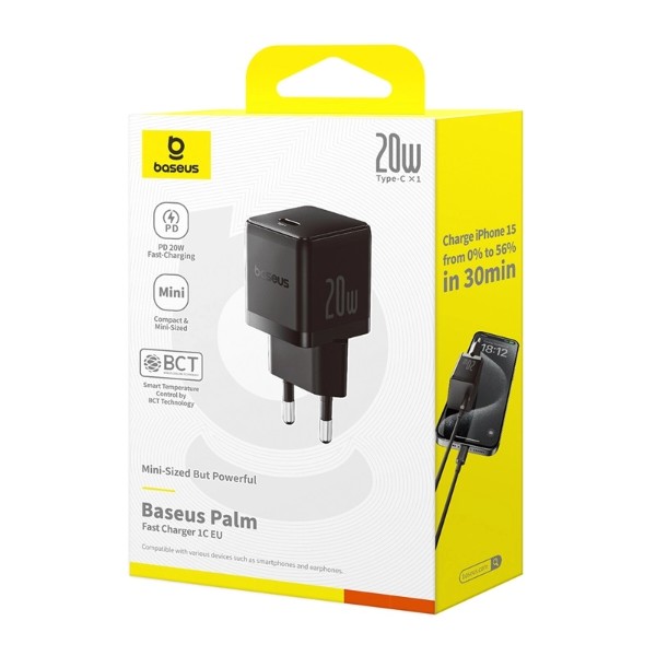 Фото - Мережевий зарядний пристрій Baseus Palm Fast Charger 1C 20W EU Cosmic Black set USB-C to iP 20W 1m (62255)