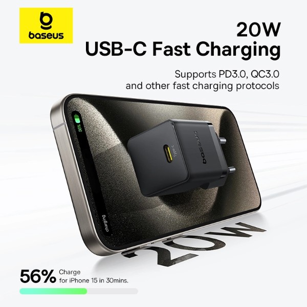 Фото - Мережевий зарядний пристрій Baseus Palm Fast Charger 1C 20W EU Cosmic Black set USB-C to iP 20W 1m (62255)
