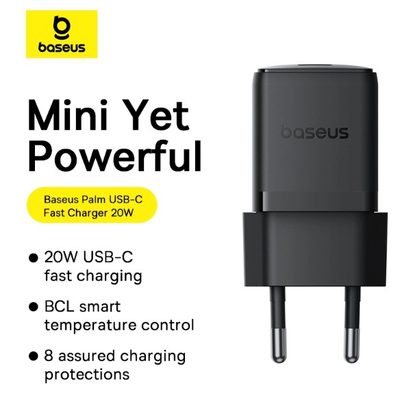 Фото - Мережевий зарядний пристрій Baseus Palm Fast Charger 1C 20W EU Cosmic Black set USB-C to iP 20W 1m (62255)