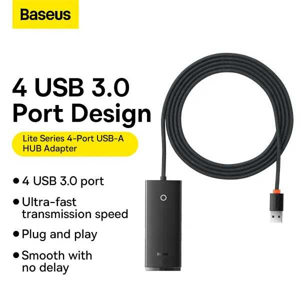 Фото - Хаб USB Baseus Lite Series 4-Port USB-A HUB Adapter 2m Black (WKQX030201)