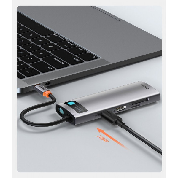 Фото - Док-станція Baseus USB3.1 Type C(PD)100W/HDMI 4K 30Hz/3хUSB3.2/RJ45/SD+TF 8in1 Grey (CAHUB-CV0G)
