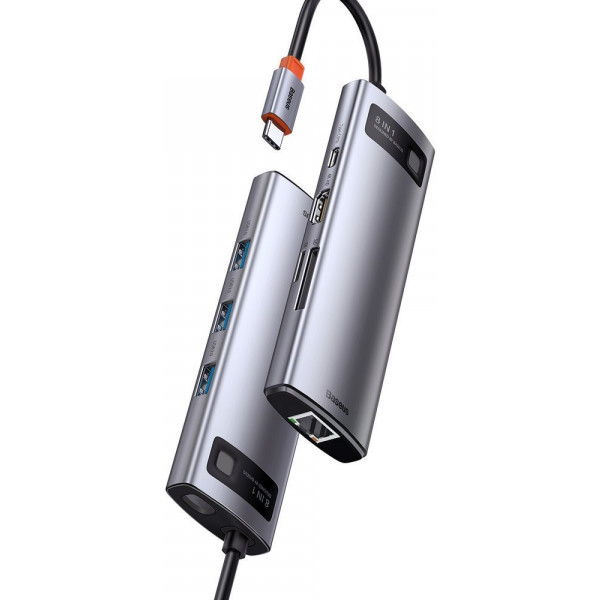 Фото - Док-станція Baseus USB3.1 Type C(PD)100W/HDMI 4K 30Hz/3хUSB3.2/RJ45/SD+TF 8in1 Grey (CAHUB-CV0G)