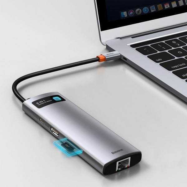 Фото - Док-станція Baseus USB3.1 Type C(PD)100W/HDMI 4K 30Hz/3хUSB3.2/RJ45/SD+TF 8in1 Grey (CAHUB-CV0G)