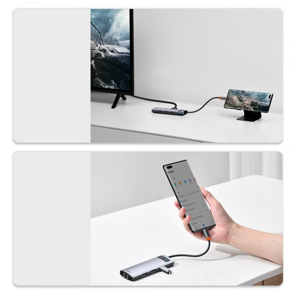 Фото - Док-станція Baseus USB3.1 Type C(PD)100W/HDMI 4K 30Hz/3хUSB3.2/RJ45/SD+TF 8in1 Grey (CAHUB-CV0G)