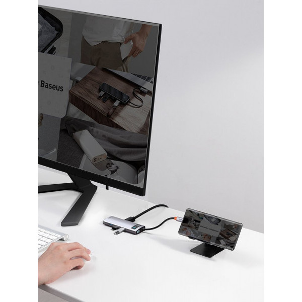 Фото - Док-станція Baseus USB3.1 Type C(PD)100W/HDMI 4K 30Hz/3хUSB3.2/RJ45/SD+TF 8in1 Grey (CAHUB-CV0G)