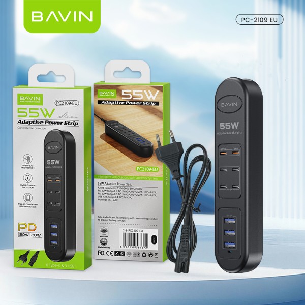 Фото - Сетевой фильтр Bavin PC2109-EU 55W 6xUSB-C (PD) + 3xUSB-A QC3.0 FAST CHARGER 1M Black (C-S-PC2109-EU BK)