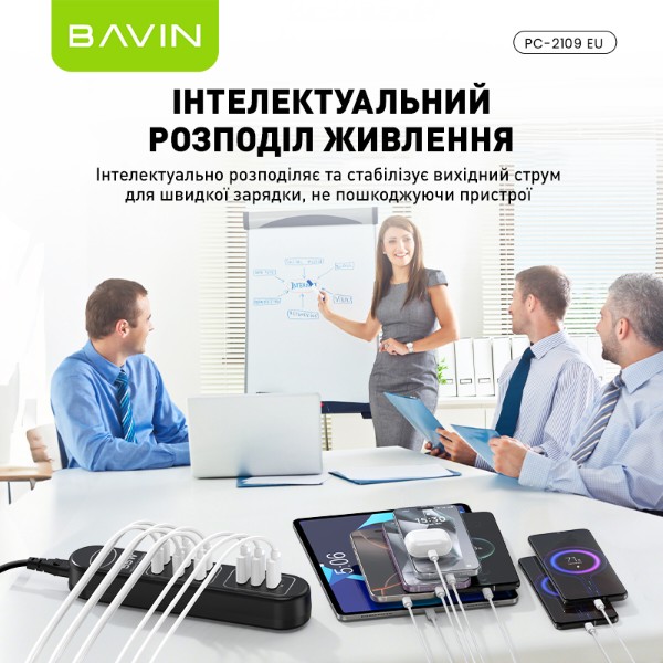 Фото - Сетевой фильтр Bavin PC2109-EU 55W 6xUSB-C (PD) + 3xUSB-A QC3.0 FAST CHARGER 1M Black (C-S-PC2109-EU BK)