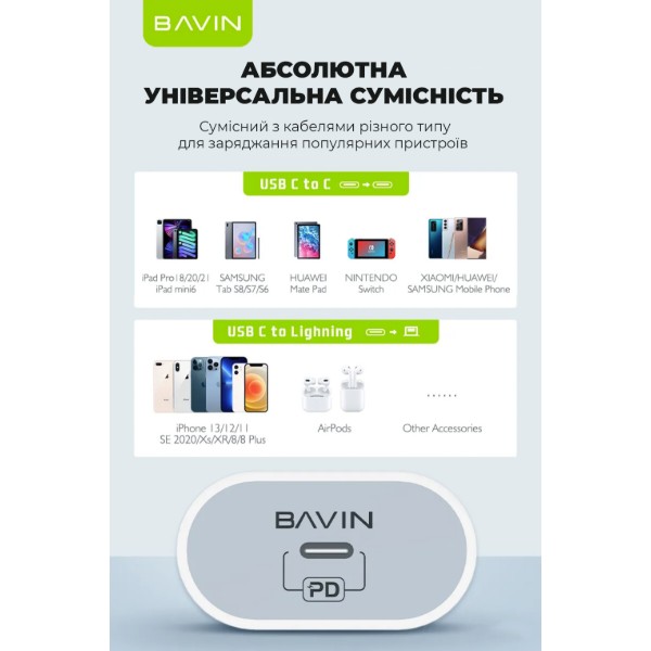 Фото - Сетевое зарядное устройство Bavin PD 20W Type-C + кабель Type-C/Type-C 60W White (C-PC851Y-CC WH)