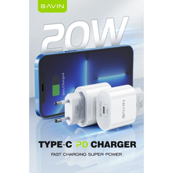 Фото - Сетевое зарядное устройство Bavin PD 20W Type-C + кабель Type-C/Type-C 60W White (C-PC851Y-CC WH)