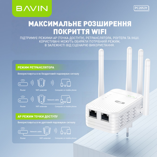 Фото - Підсилювач бездротового сигнала Bavin PC2053Y WiFi 2.4G 300Mbps White (C-PC2053Y WH)