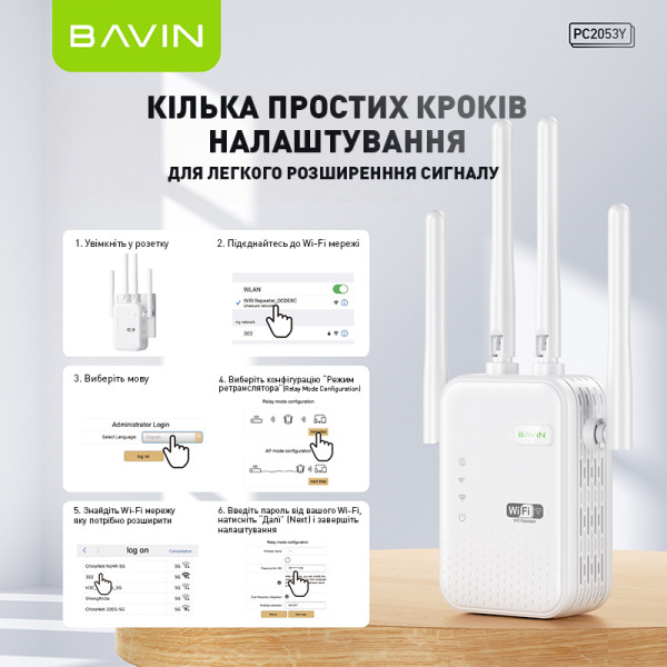 Фото - Підсилювач бездротового сигнала Bavin PC2053Y WiFi 2.4G 300Mbps White (C-PC2053Y WH)