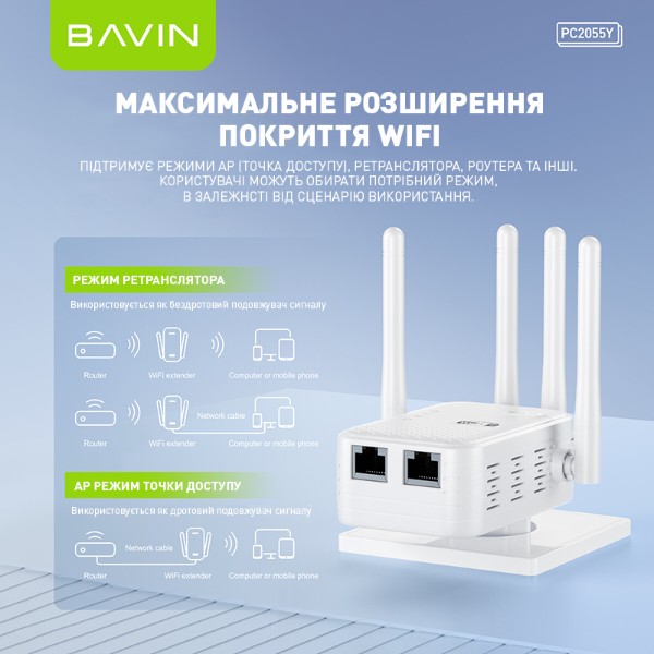 Фото - Підсилювач бездротового сигнала Bavin PC2055Y WiFi 2.4G+5G 1200Mbps White (C-PC2055Y WH)