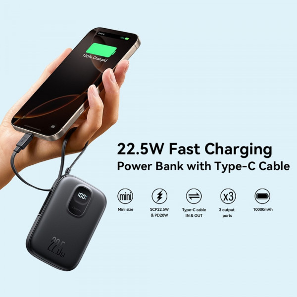 Фото - Батарея мобільна Joyroom 10000mAh 22,5W PD,QC, USB-A, USB-C In/Out with built-in USB-C cable Black (JR-PBF17)