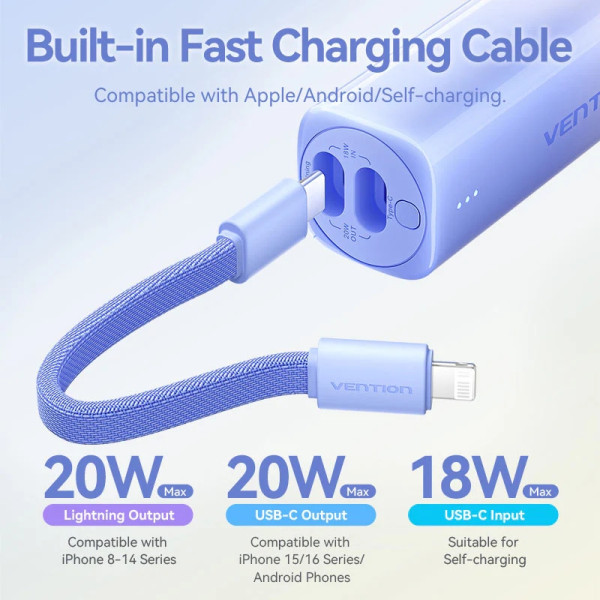 Фото - Батарея мобильная Vention 5000mAh 20W PD, USB-C In/Out, Lightning In/Out, with cable, Gradient Gray (FHWM0)