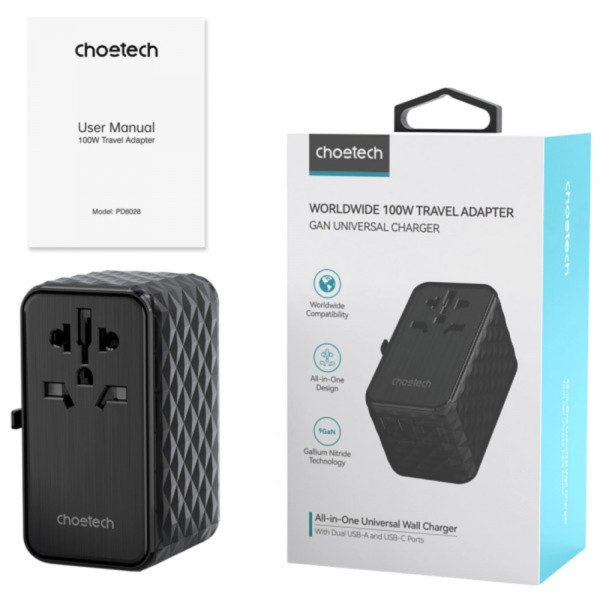 Фото - Мережевий зарядний пристрій Choetech 4xUSB 100W PD 2хUSB-C+2хUSB-A сharger diamond model Black (PD6028-BK)