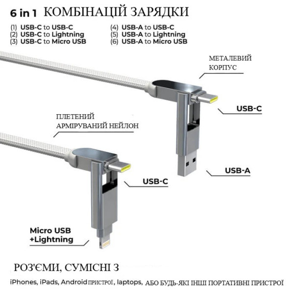 Фото - Кабель синхронізації даних Rolling Square 6in1, inCharge XL 30 см White (XLS02R)
