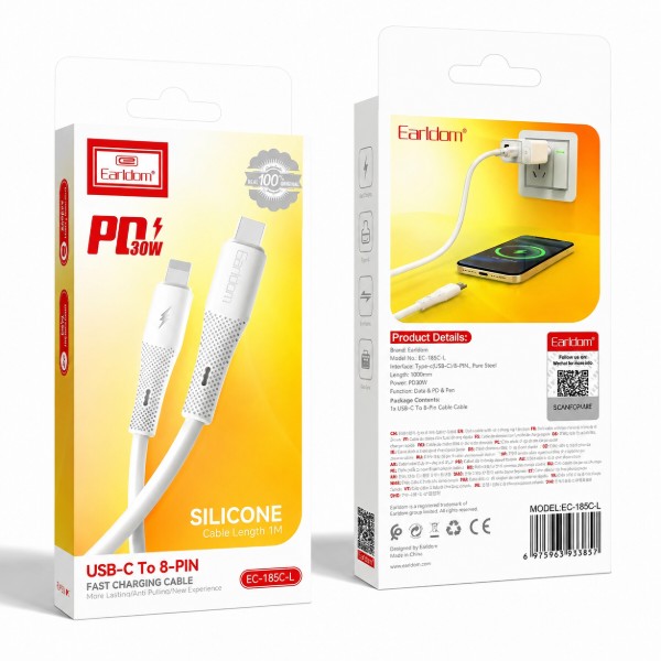 Фото - Кабель Earldom EC-185 (C-L) 30W Silicone Type-C to Lightning White (USB-000687)