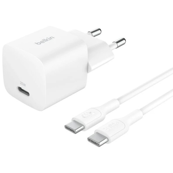 Фото - Мережевий зарядний пристрій Belkin 25Вт USB-С PD PPS, кабель USB-С > USB-C, 1м, PVC White (WCA012KQ1MWH-B6)