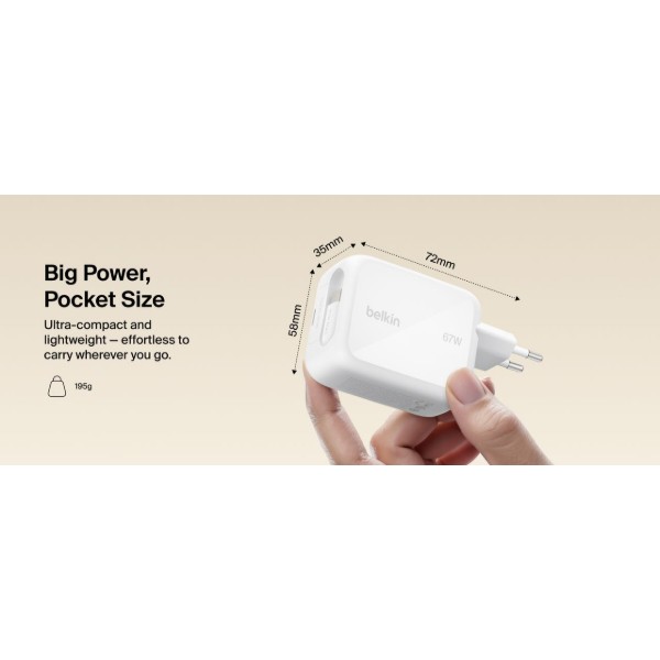 Фото - Мережевий зарядний пристрій Belkin 67Вт USB-C PD, PPS вбудований кабель USB-C White (WCH022KQWH)