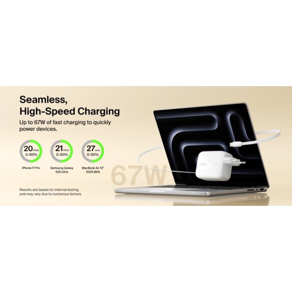 Фото - Мережевий зарядний пристрій Belkin 67Вт USB-C PD, PPS вбудований кабель USB-C White (WCH022KQWH)