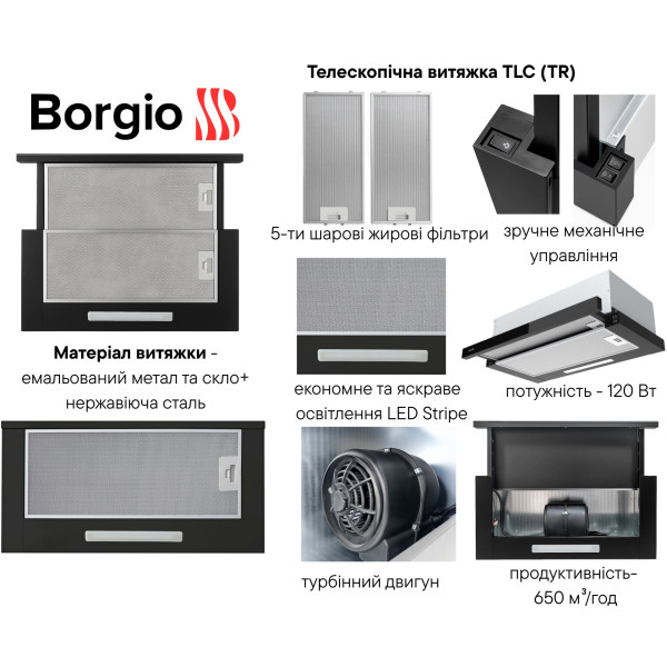 Фото - Вытяжка встраиваемая Borgio TLC (TR) 60 Black glass